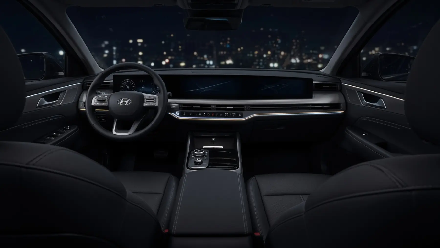 Hyundai cabin at night, with a wide dashboard and ambient lighting
